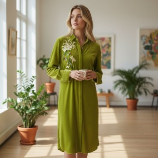 Green velvet CAMILLE daisy-embroidered shirt dress